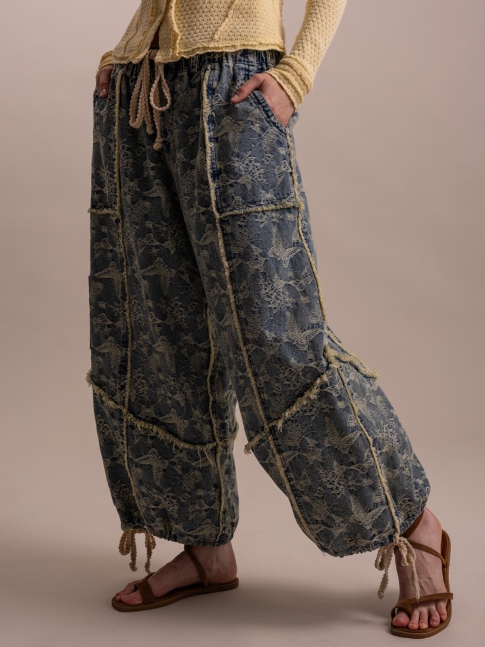 Bluevelvet Dark Wash Butterfly Pattern Multi wear Wide leg Denim Pants - Picture 6 of 7